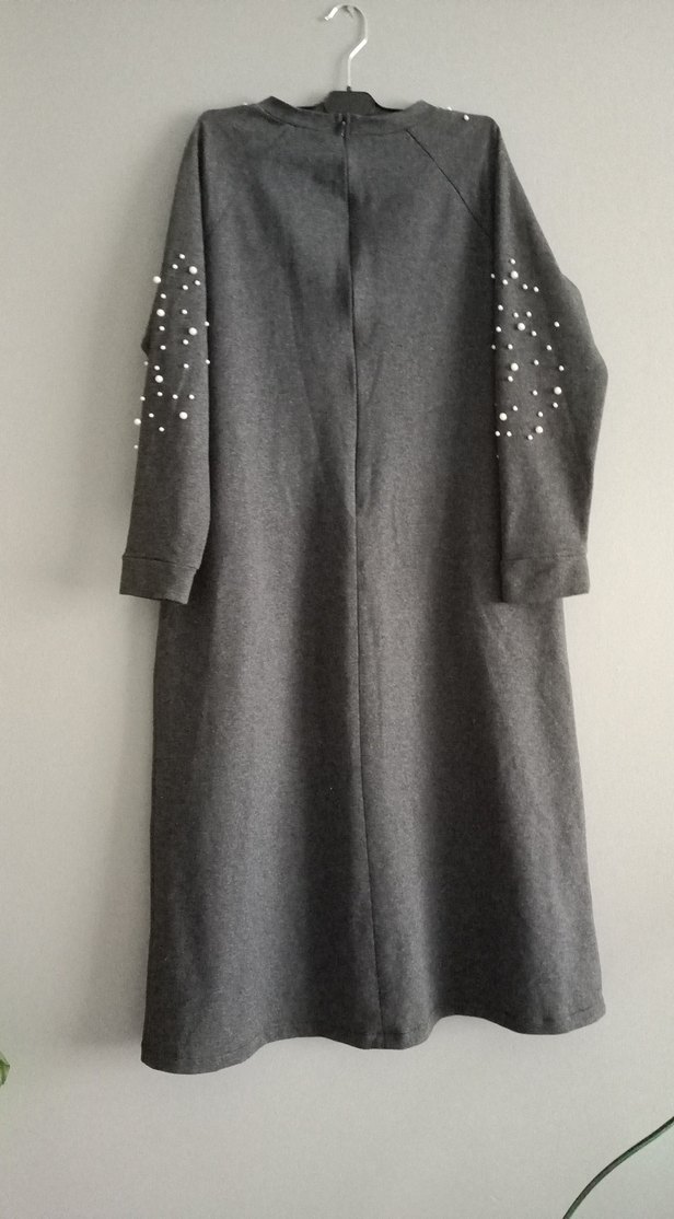 Gri Uzun Kollu İşlemeli Kadın Elbise - Görsel 2