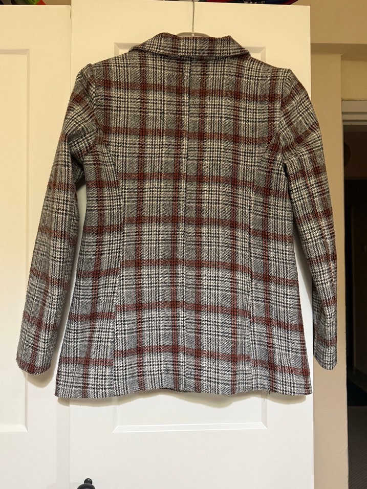 Gri Ekose Düğmeli Midi Kadın Blazer - Görsel 2