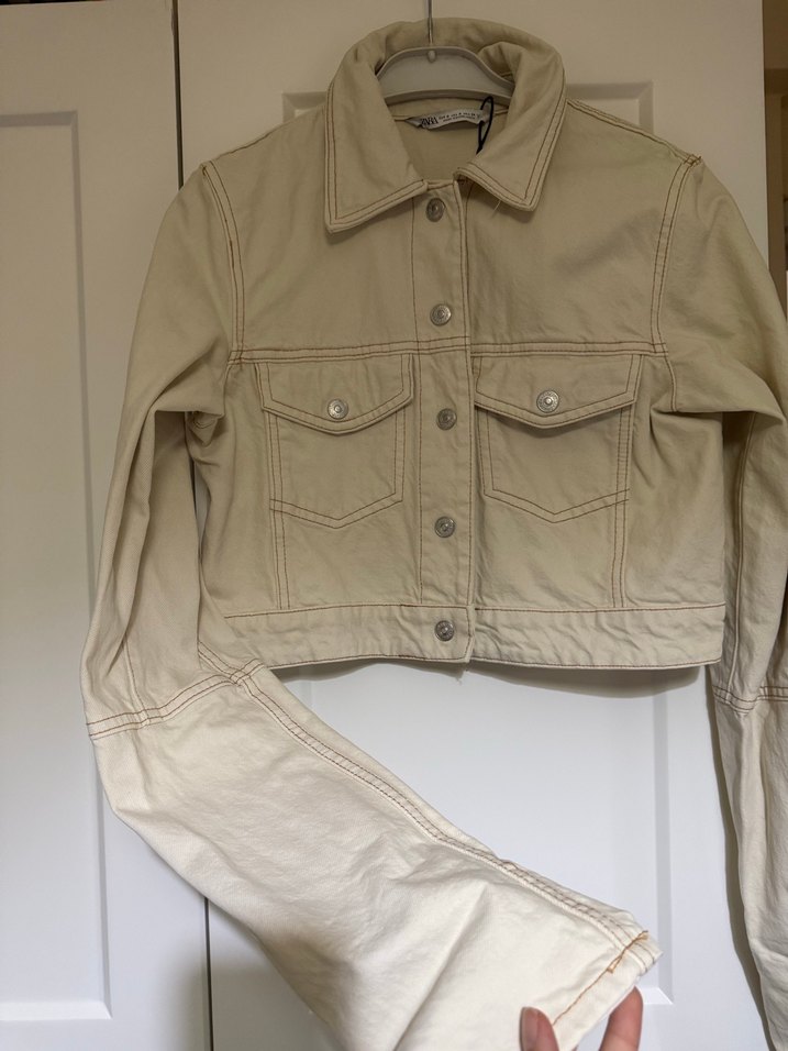 Zara marka Bej Kadın Denim Ceket Düğmeli Normal Boy - Görsel 2