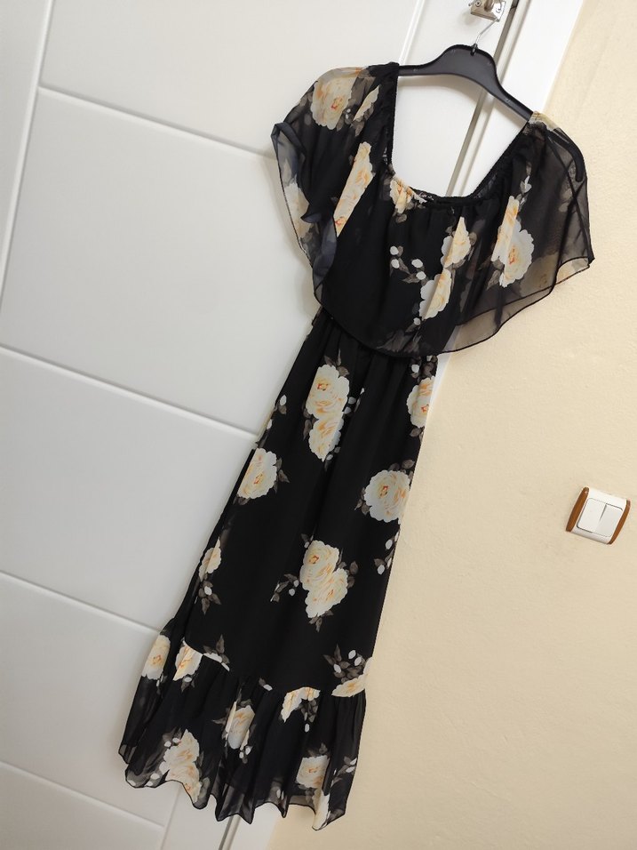 Çiçek Desenli Siyah Uzun Bohem Elbise - Görsel 2