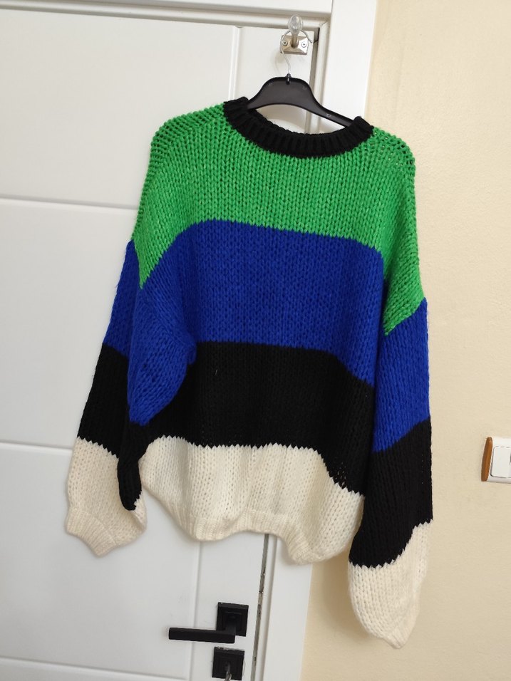 Çizgili Oversize Kadın Triko Kazak - Görsel 2