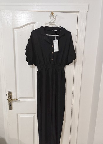 Kadın Siyah Uzun Keten Tulum - Görsel 2