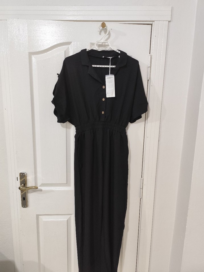 Kadın Siyah Uzun Keten Tulum - Görsel 2