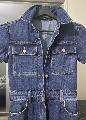 Kadın Kısa Kollu Lacivert kot Tulum - Görsel 3