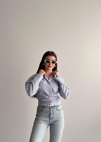 Çizgili Mavi Kadın Gömlek - Görsel 2