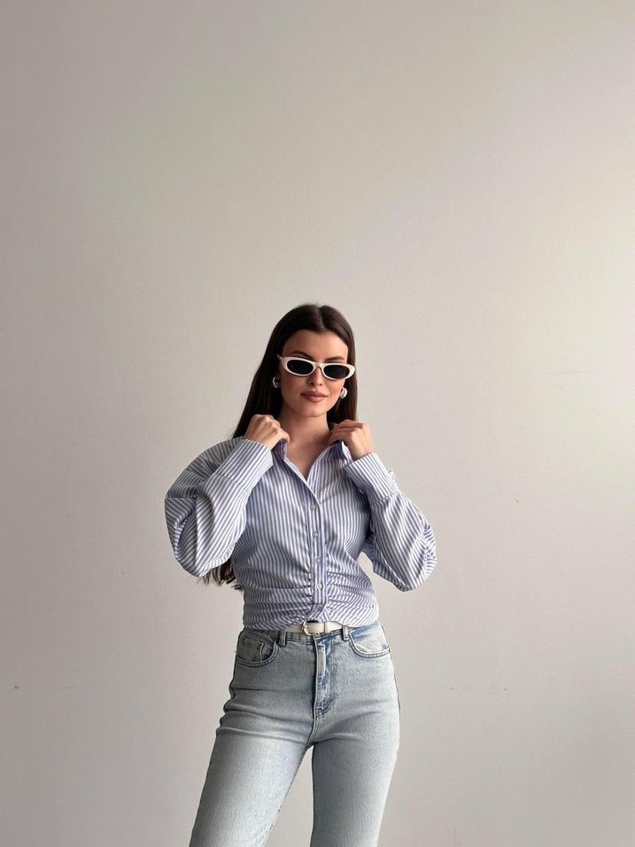 Çizgili Mavi Kadın Gömlek - Görsel 2