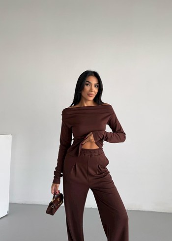 Uzun Kol Kahverengi Kadın Takım - Görsel 2