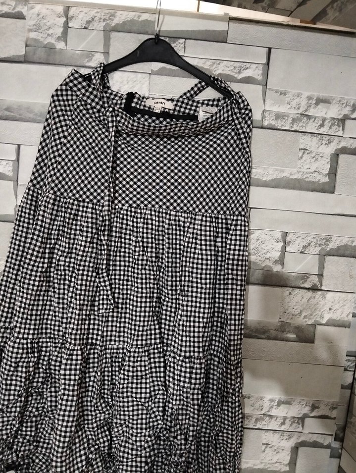 Kadın Siyah Kareli Uzun Pilili Keten Etek - Görsel 2