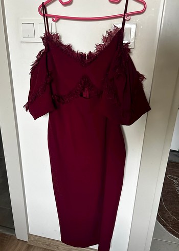 Bordo Uzun Fırfırlı Straplez Abiye Elbise - Görsel 2