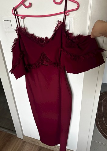 Bordo Uzun Fırfırlı Straplez Abiye Elbise - Görsel 3