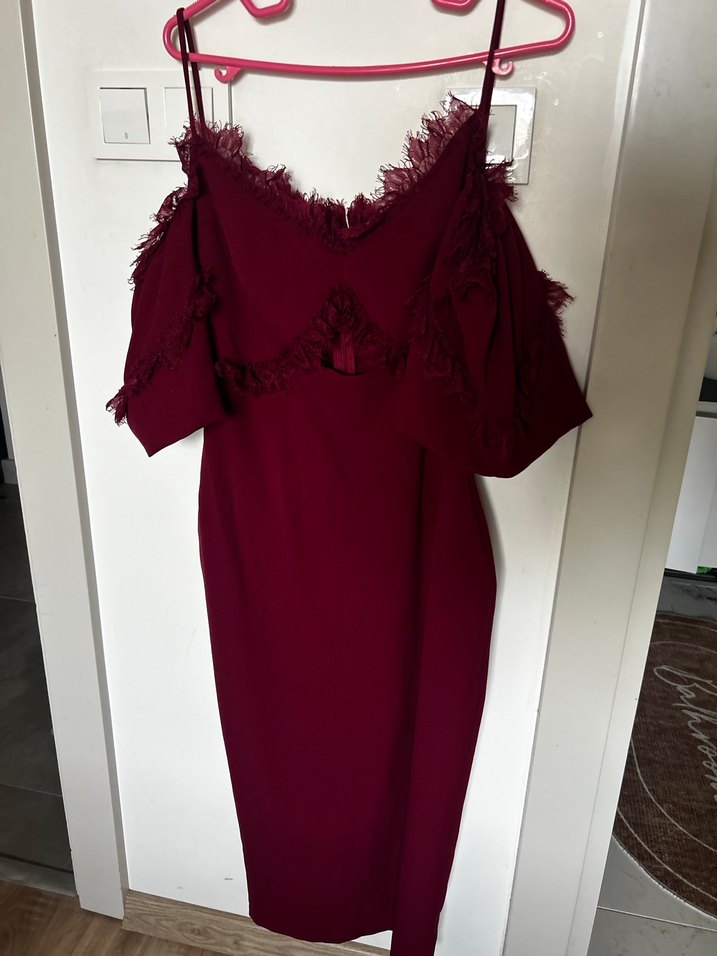 Bordo Uzun Fırfırlı Straplez Abiye Elbise - Görsel 2