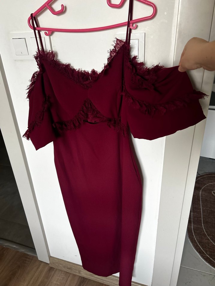 Bordo Uzun Fırfırlı Straplez Abiye Elbise - Görsel 3