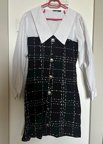 Düğmeli Beyaz Siyah Ekose Midi Elbise - Görsel 2