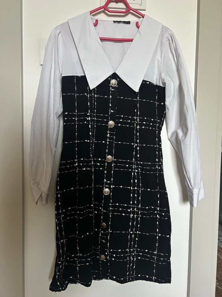 Düğmeli Beyaz Siyah Ekose Midi Elbise - Görsel 2