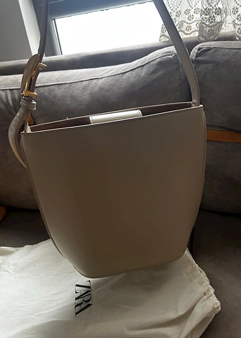 Zara Bej Deri Minimalist bucket Kadın Çanta - Görsel 9