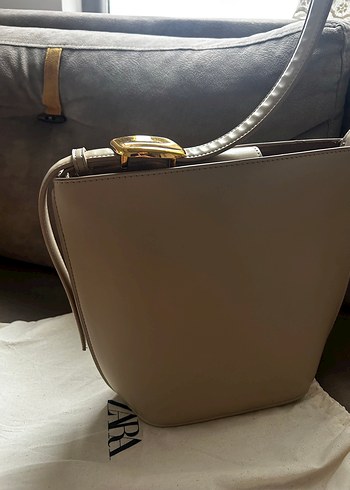 Zara Bej Deri Minimalist bucket Kadın Çanta - Görsel 5