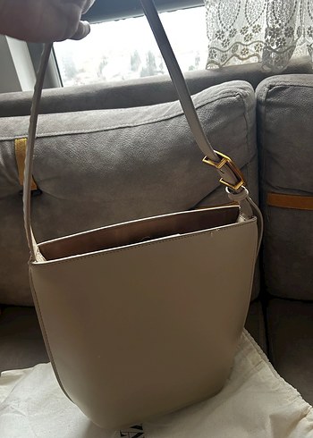 Zara Bej Deri Minimalist bucket Kadın Çanta - Görsel 7