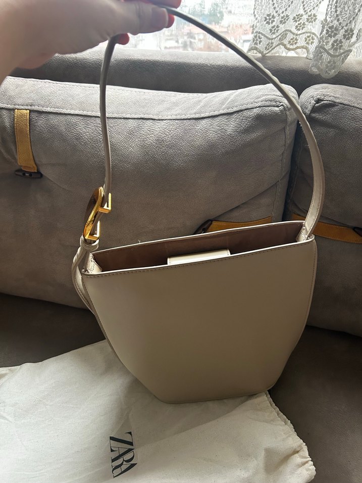 Zara Bej Deri Minimalist bucket Kadın Çanta - Görsel 2