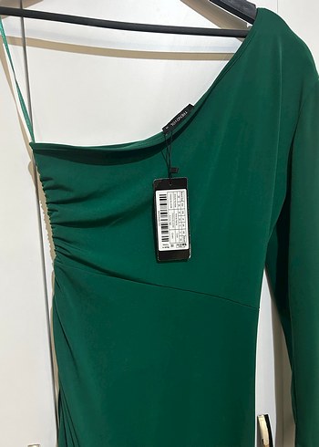Tek Kollu Drapeli Uzun Yeşil Abiye Elbise - Görsel 5