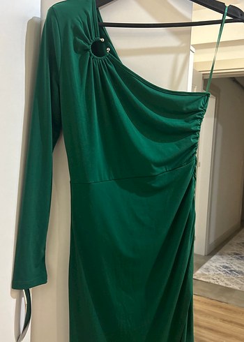 Tek Kollu Drapeli Uzun Yeşil Abiye Elbise - Görsel 2