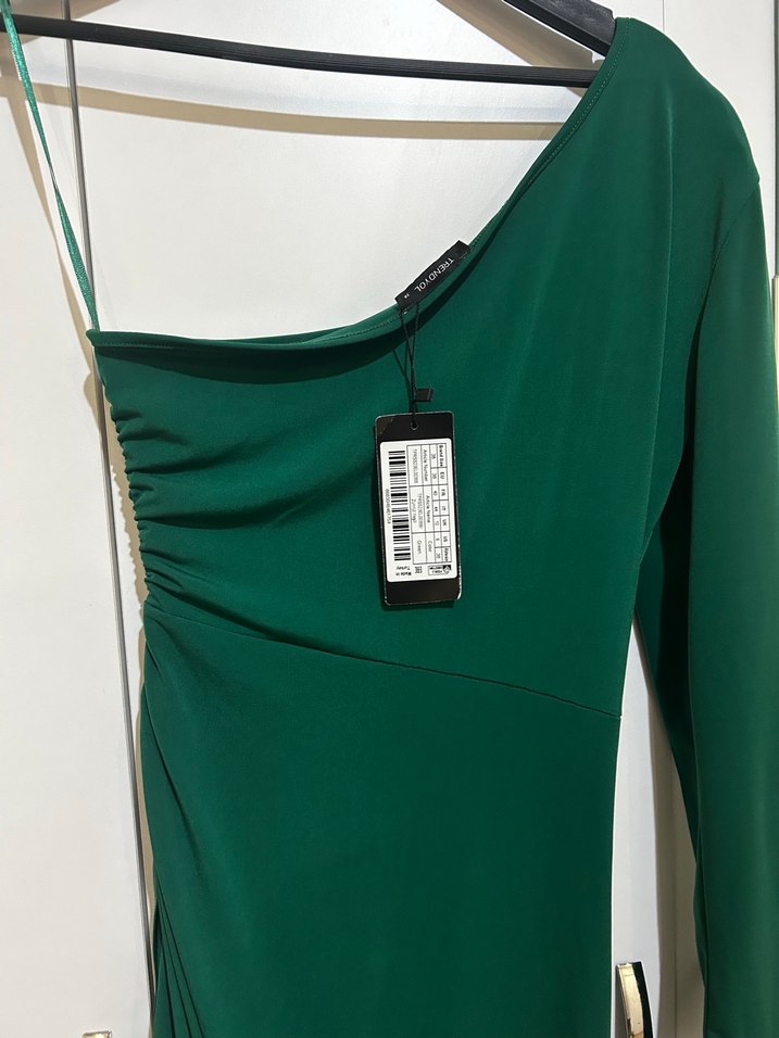 Tek Kollu Drapeli Uzun Yeşil Abiye Elbise - Görsel 5