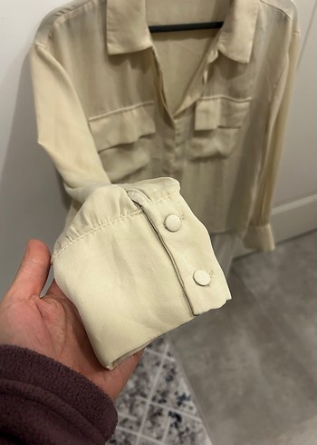 Bej Düğmeli Uzun Kollu  Gömlek - Görsel 3