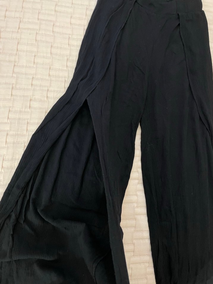 Kadın Siyah Keten Pilili Bol Pantolon - Görsel 2