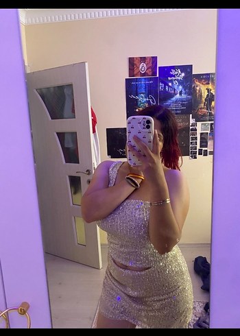 gold  Payetli Straplez Midi takım şort etekli - Görsel 2