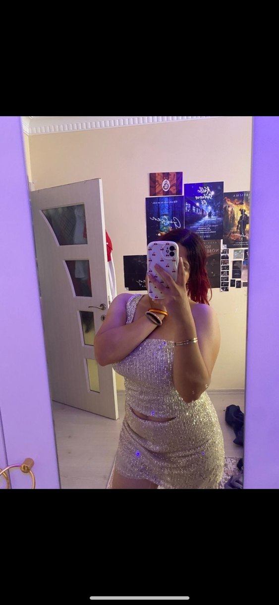 gold  Payetli Straplez Midi takım şort etekli - Görsel 2