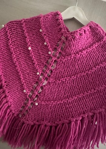 Pembe Nakışlı Örgü Kız Panço - Görsel 2