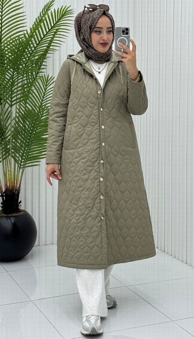 Düğmeli Uzun Kadın Kışlık Mont - Görsel 3