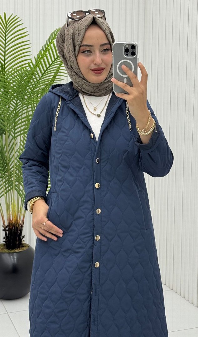 Düğmeli Uzun Kadın Kışlık Mont - Görsel 2