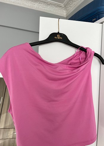 Pembe V Yaka Drapeli bluz - Görsel 4