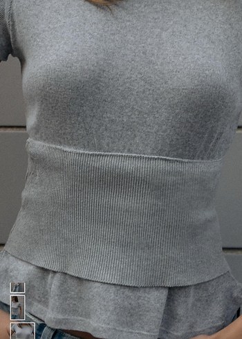 Gri Kısa Kollu Fırfırlı Keten Tişört - Görsel 2