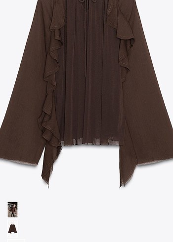 Kadın Kahverengi Fırfırlı Uzun Kollu Keten Bluz - Görsel 2