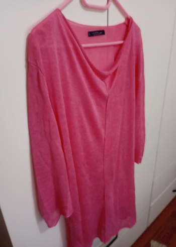 Pembe Keten Midi Tunik, Salaş Kesim, Uzun Kollu - Görsel 4