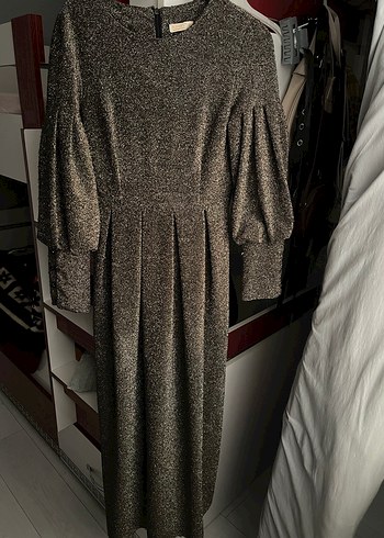 Uzun Kol Drapeli Gri Kadın Abiye Elbise - Görsel 3