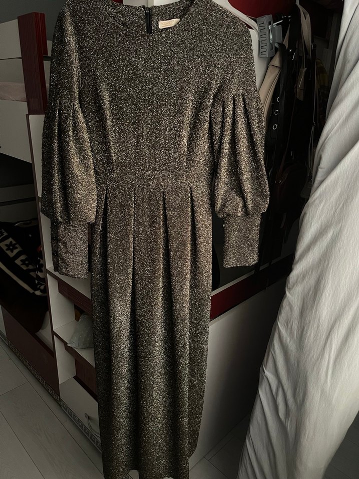 Uzun Kol Drapeli Gri Kadın Abiye Elbise - Görsel 3