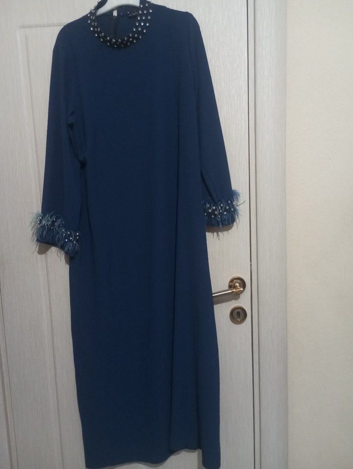 taş Detaylı Uzun Mavi Kadın Elbise - Görsel 2