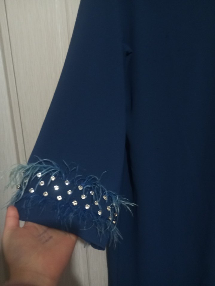 taş Detaylı Uzun Mavi Kadın Elbise - Görsel 3