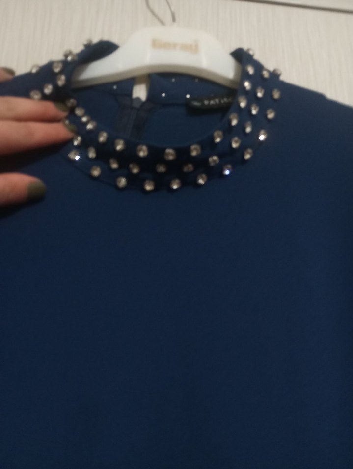 taş Detaylı Uzun Mavi Kadın Elbise - Görsel 4