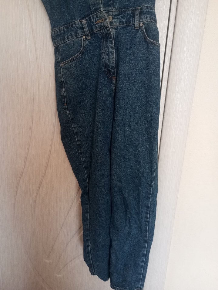 Kadın Kemerli Koyu Mavi Denim Tulum - Görsel 3