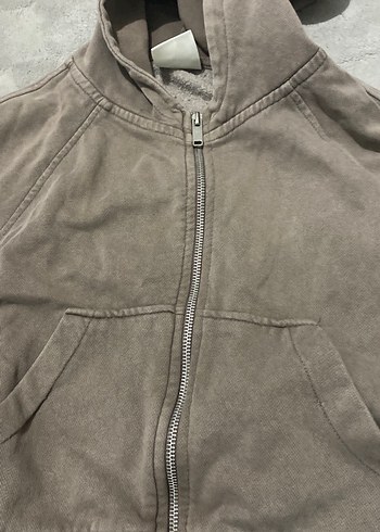 Kahverengi Kapüşonlu Süet Fermuarlı Sweatshirt - Görsel 3