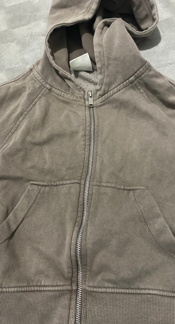 Kahverengi Kapüşonlu Süet Fermuarlı Sweatshirt - Görsel 3