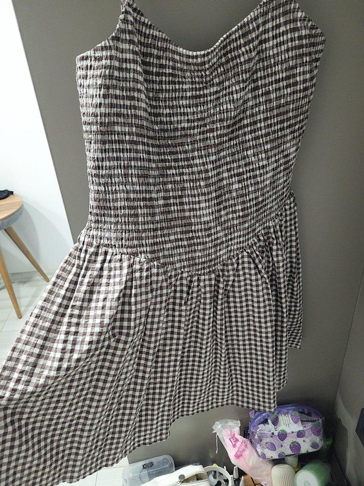 Gri Ekose Desenli Pilili Midi Kumaş Elbise - Görsel 4