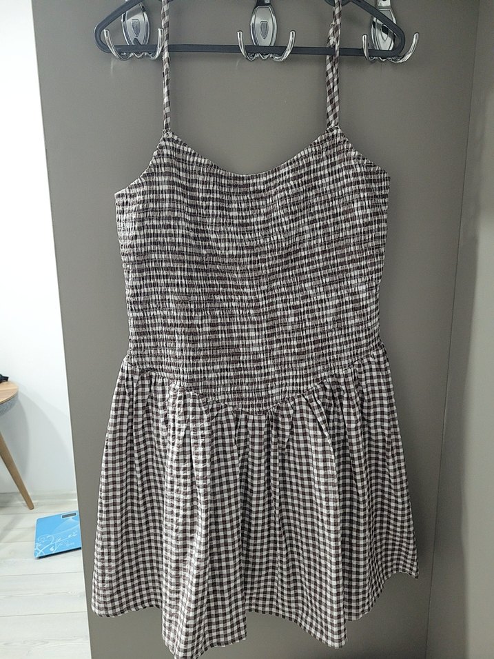 Gri Ekose Desenli Pilili Midi Kumaş Elbise - Görsel 2