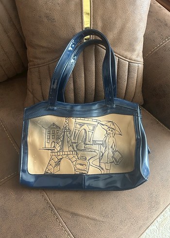 Mavi Parlak Deri Yılan Desenli Kadın Çanta - Görsel 2