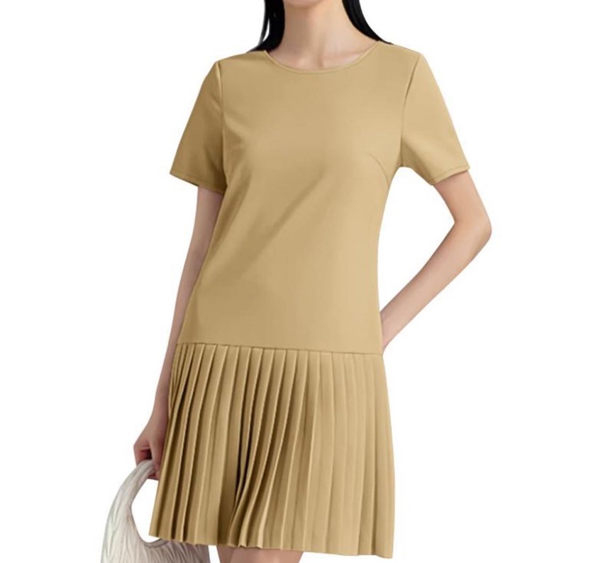 Bej Midi Piliseli Kısa Kollu Elbise - Görsel 2