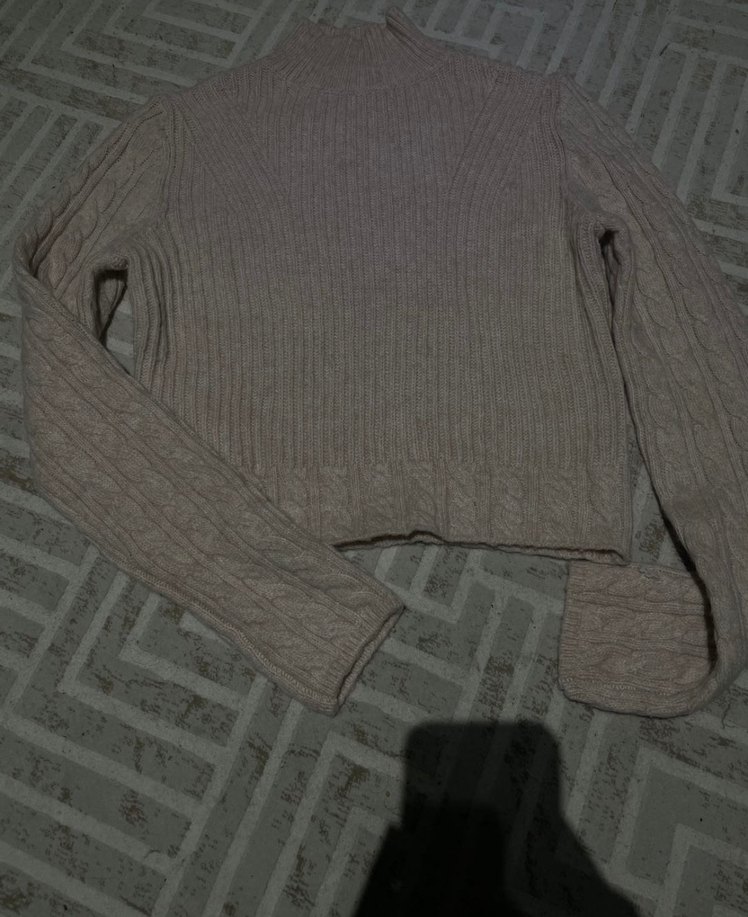 Pudra Yüksek Yakalı Örgü Triko Kazak - Görsel 2