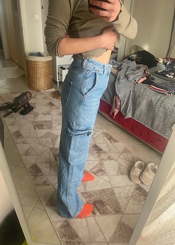 Mavi Düğmeli Bol Kesim Midi Kot Pantolon - Görsel 3